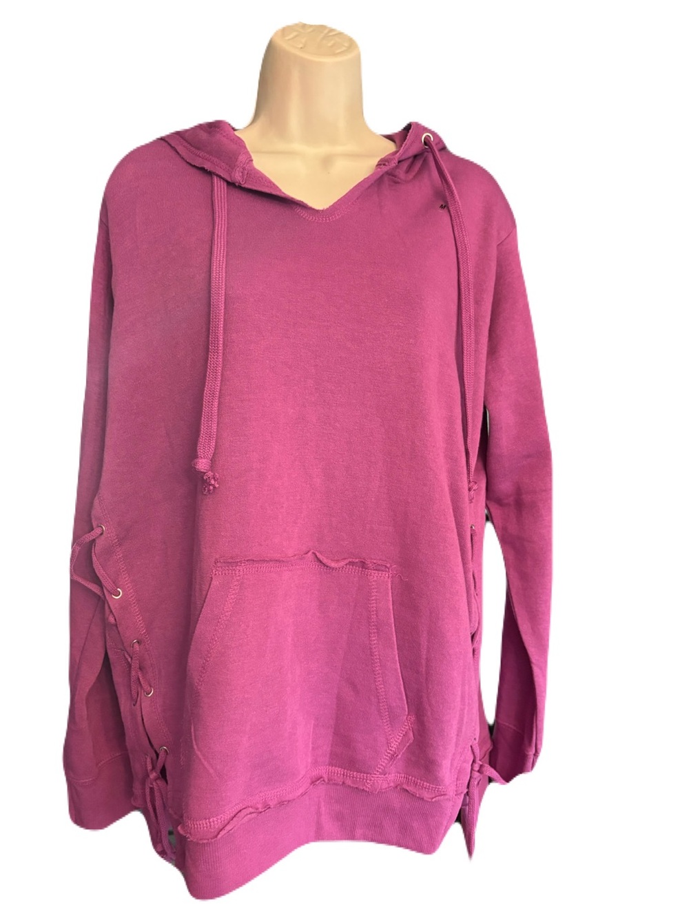 MV Sport Dragonfruit Hoodie M Side Lace Up Vintage Wash Pullover Sweatshirt